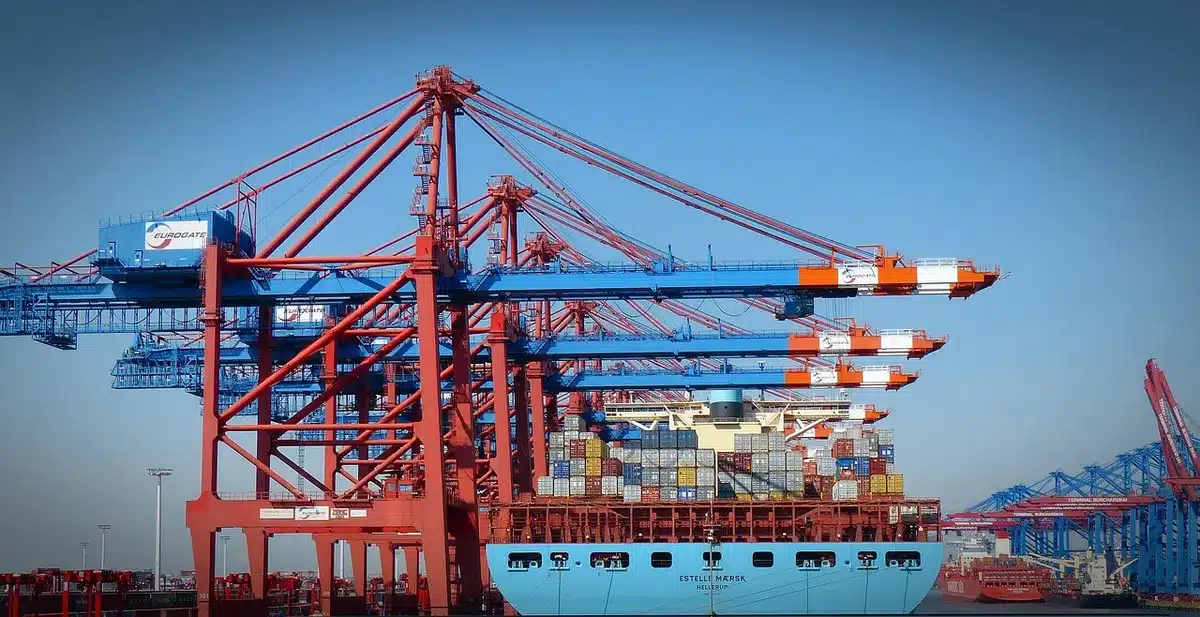 Vista lejana de un terminal de contenedores vacío con grúas y camión de carga